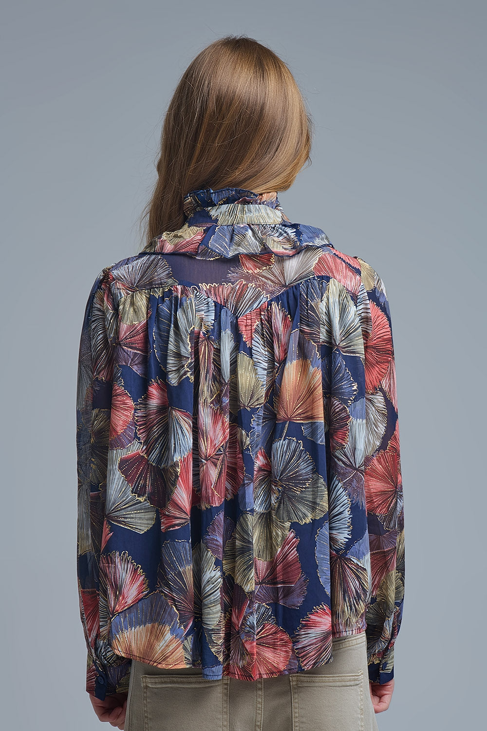 Boho-Chic Printed Ruffle Blouse in Metallic Palms Print - Shirts
