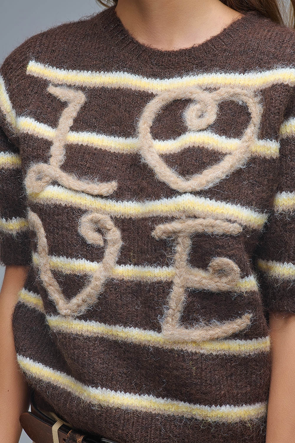 Short Sleeve Embroidered Love Sweater in Brown - jumper