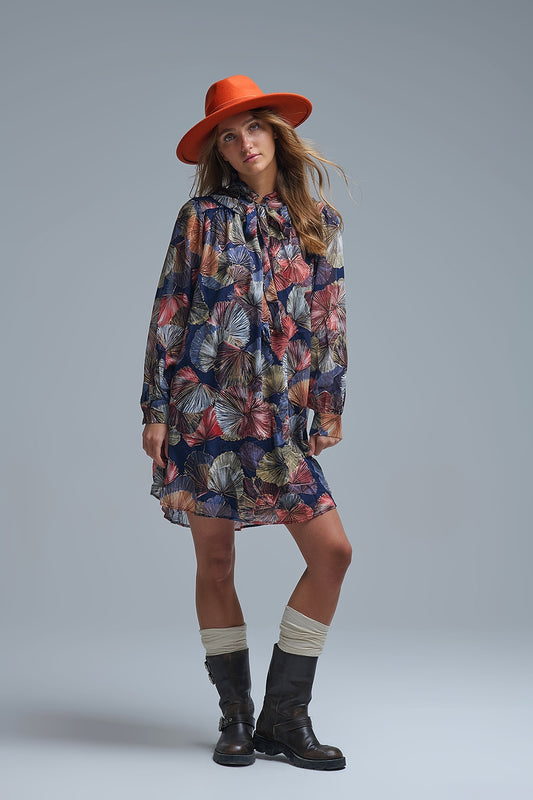 Elegant Floral A-Line Tie Neck Dress - dress