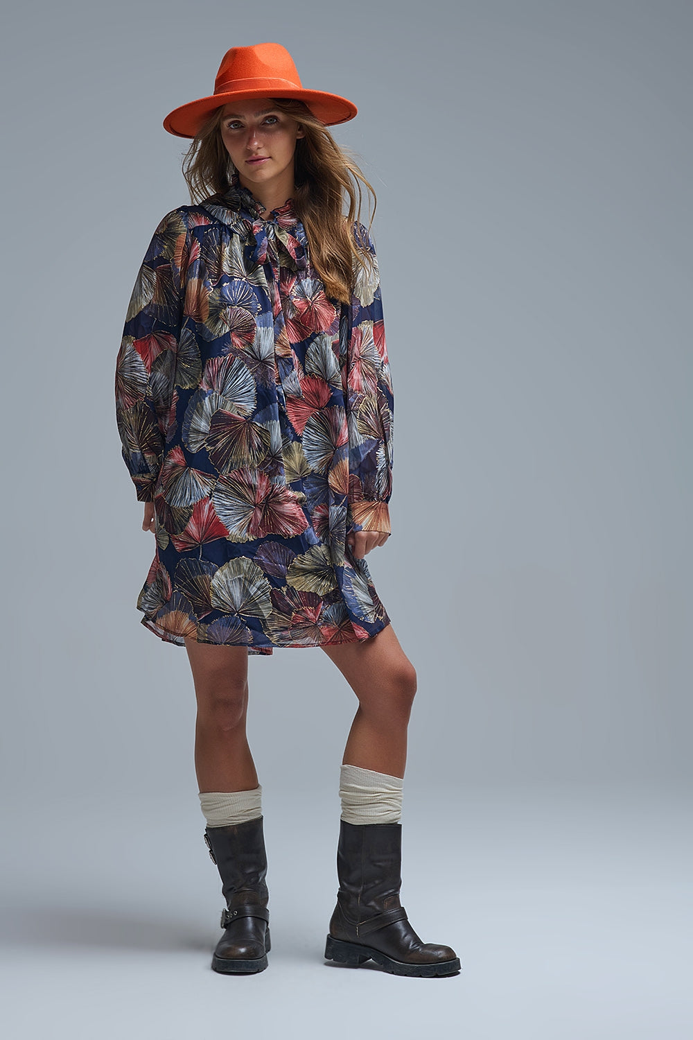 Elegant Floral A-Line Tie Neck Dress - dress