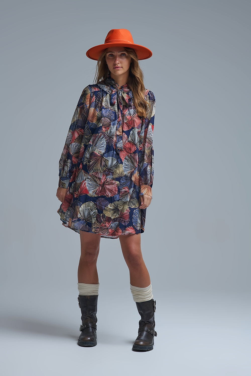 Elegant Floral A-Line Tie Neck Dress - dress