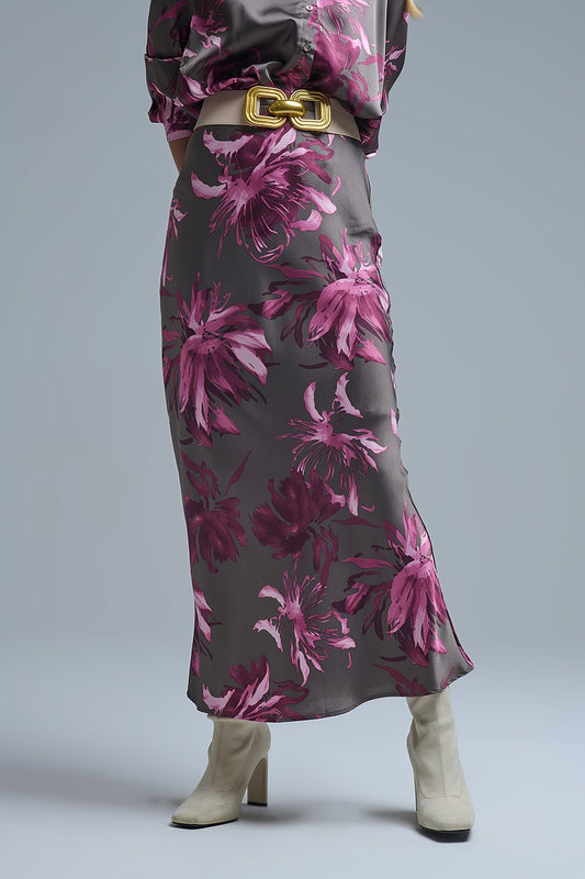 Elegant Floral Midi Skirt made in satin grey - Skirts