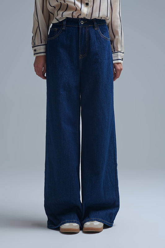 Trendy Dark Blue Straight-Leg Baggy Jeans - Denim