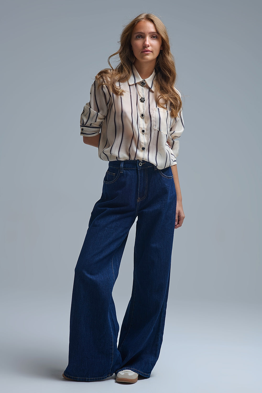 Trendy Dark Blue Straight-Leg Baggy Jeans - Denim