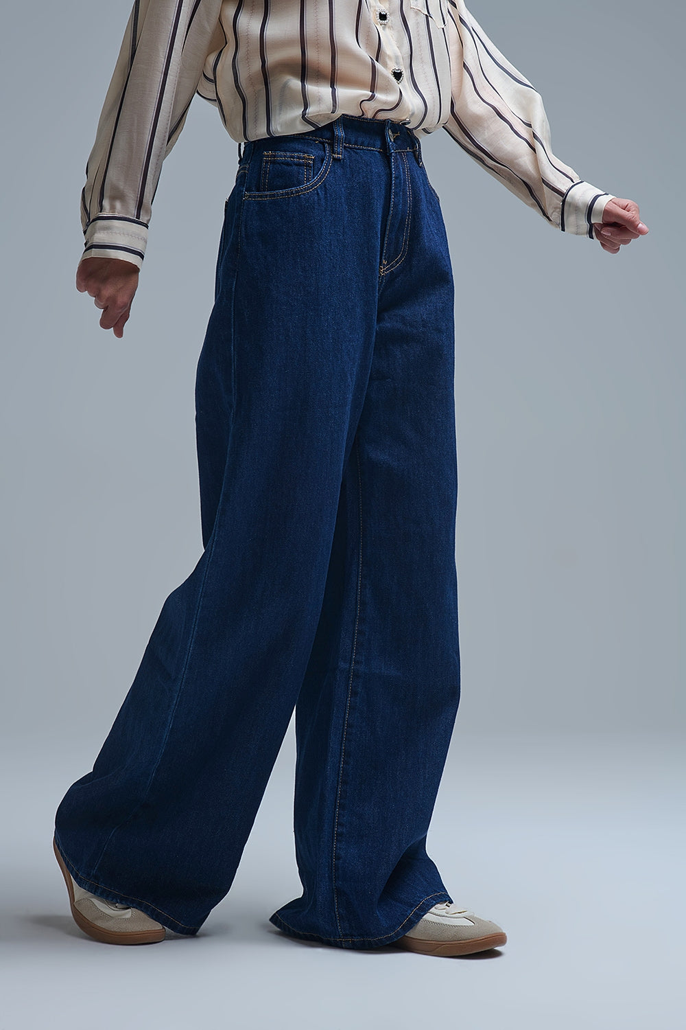Trendy Dark Blue Straight-Leg Baggy Jeans - Denim