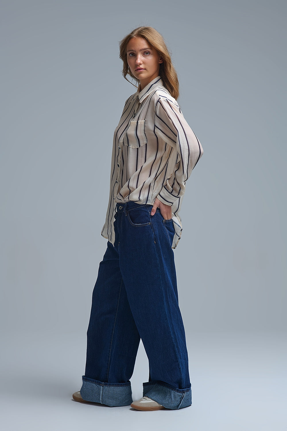 Trendy Dark Blue Straight-Leg Baggy Jeans - Denim