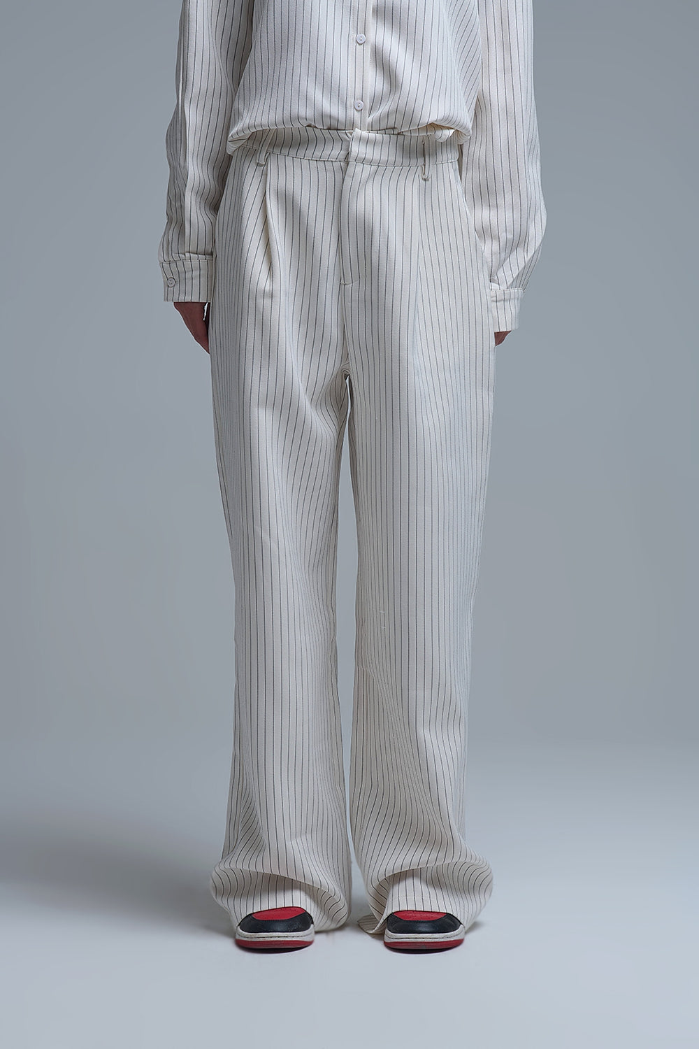 Chic Pinstripe Cream Wide-Leg Pants with Lined Fit - trousers