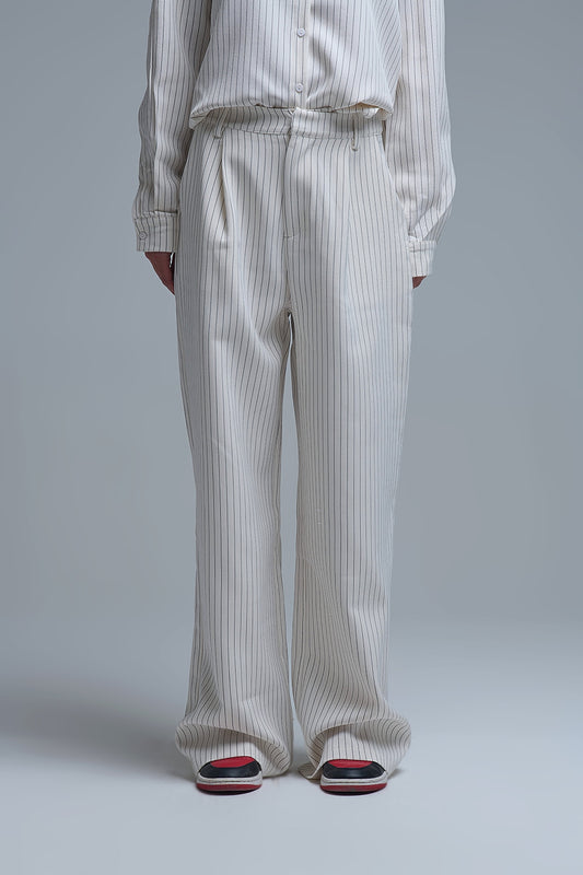 Chic Pinstripe Cream Wide-Leg Pants with Lined Fit - trousers