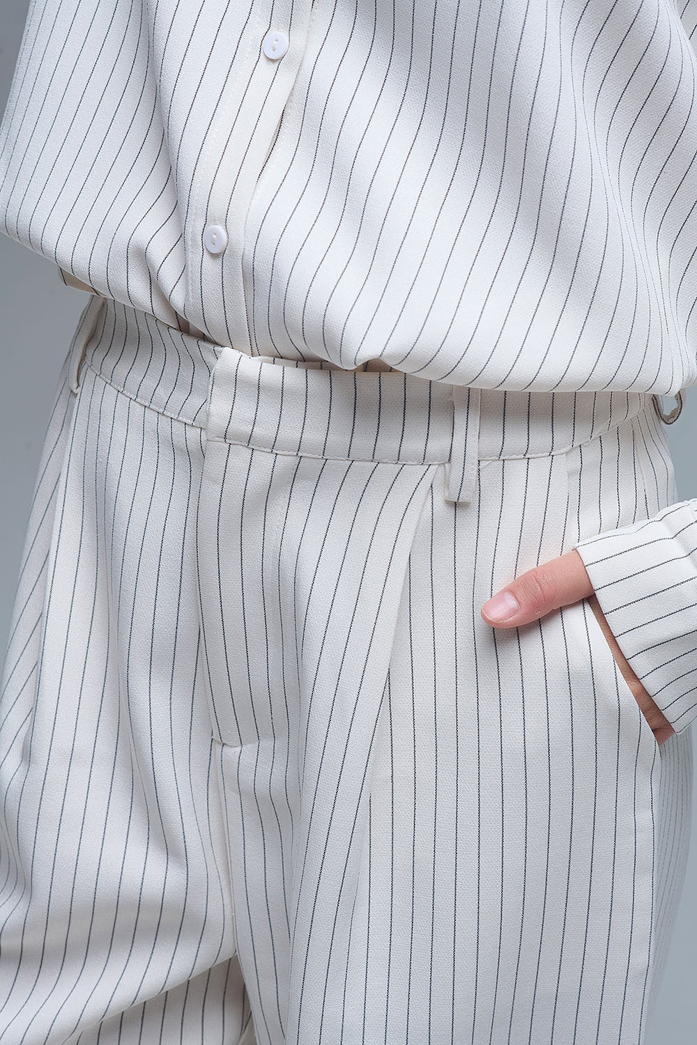 Chic Pinstripe Cream Wide-Leg Pants with Lined Fit - trousers