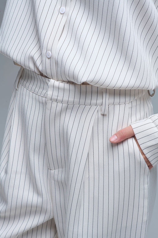 Chic Pinstripe Cream Wide-Leg Pants with Lined Fit - trousers