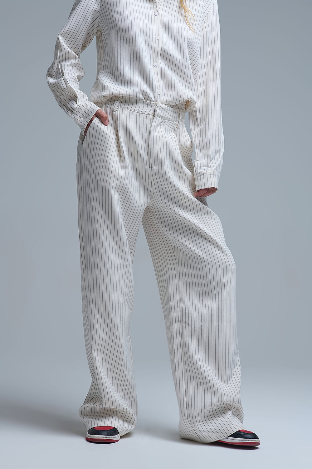 Chic Pinstripe Cream Wide-Leg Pants with Lined Fit - trousers