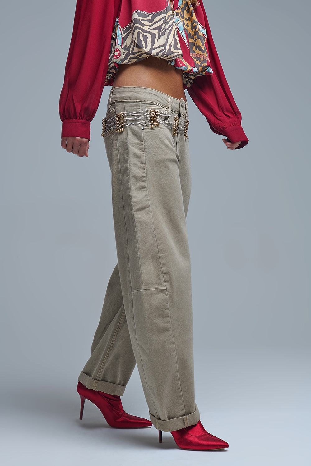 Trendy Beige Baggy Barrel Balloon Jeans with Pockets - Coloured Jeans