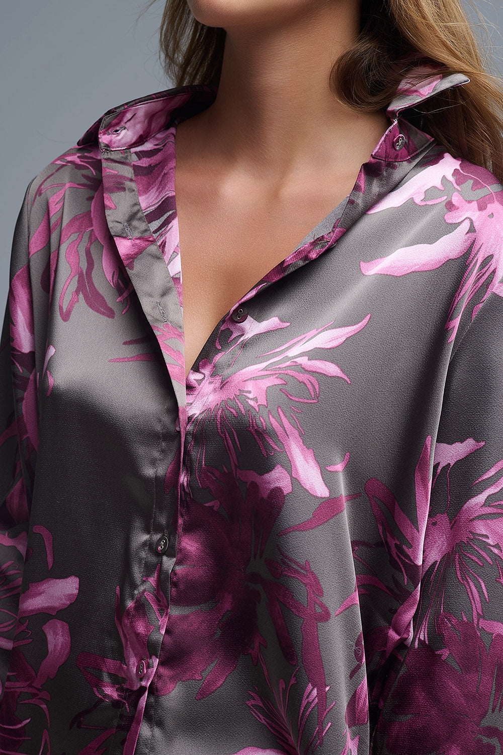 Gray Floral Print Satin Shirt with Buttons - Shirts