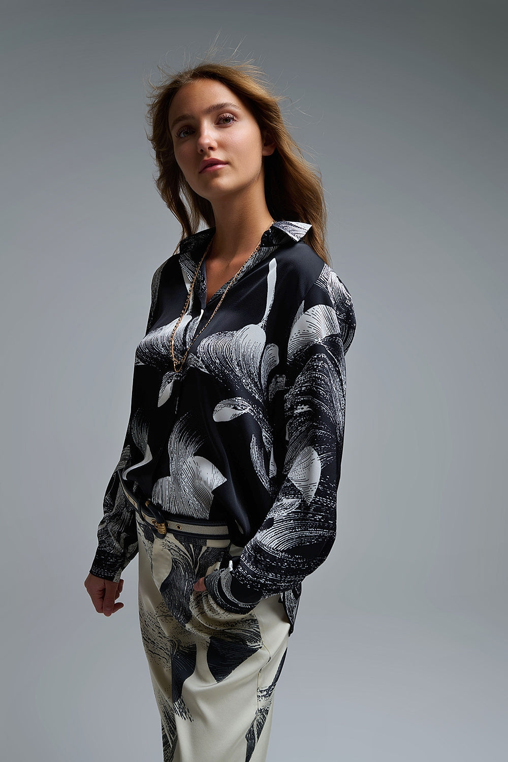 Black Satin blouse in abstract print