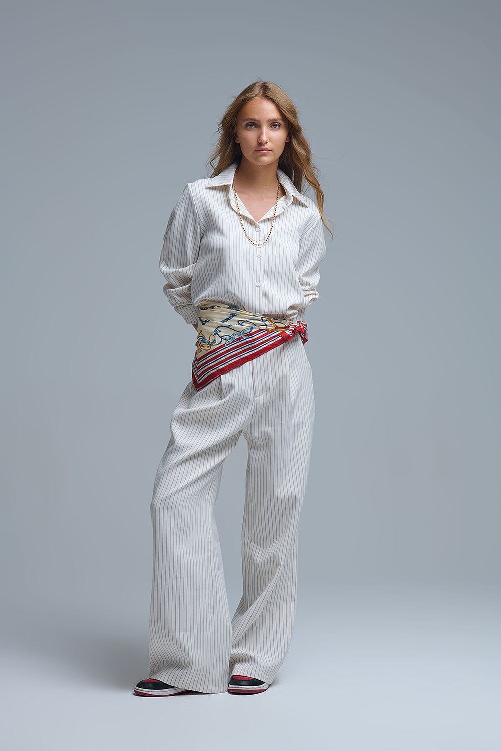 Sophisticated Pinstripe Cream-Striped High-Neck Shirt - Shirts