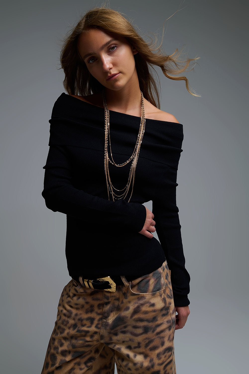 Chic Off-Shoulder boat neck Knit Top in black
