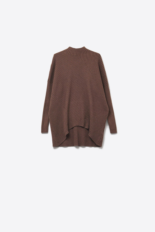 Brown Asymmetric Ribbed Knit Sweater Tunic