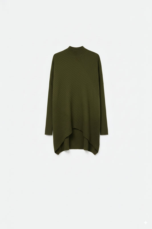 Khaki Asymmetric Ribbed Knit Sweater Tunic - Jumpers