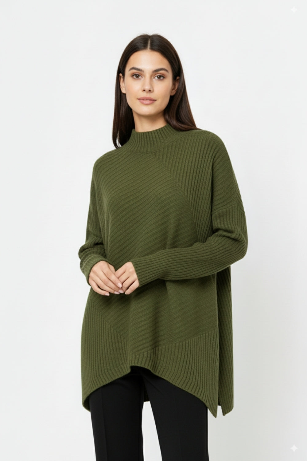 Khaki Asymmetric Ribbed Knit Sweater Tunic - Jumpers