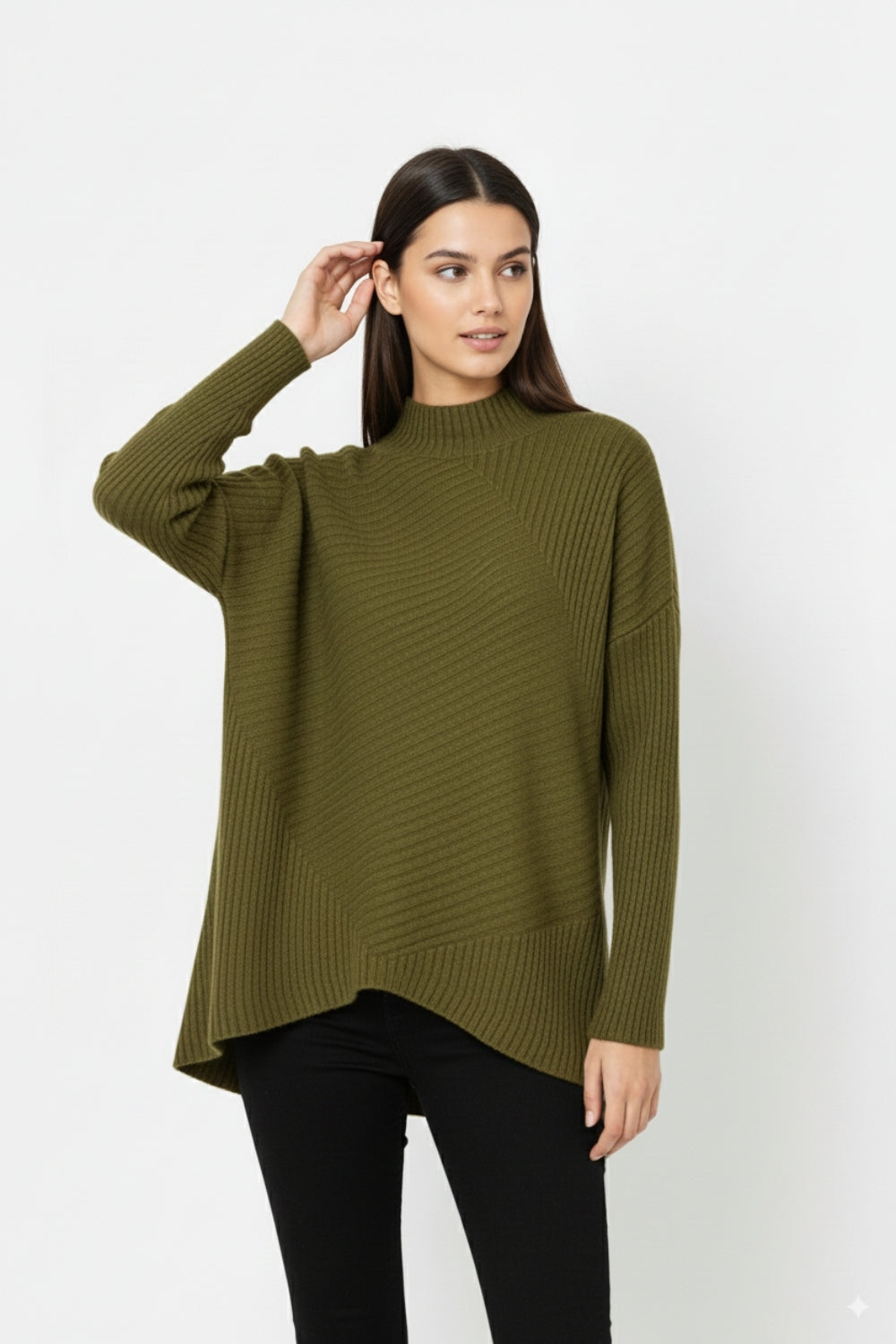 Khaki Asymmetric Ribbed Knit Sweater Tunic - Jumpers