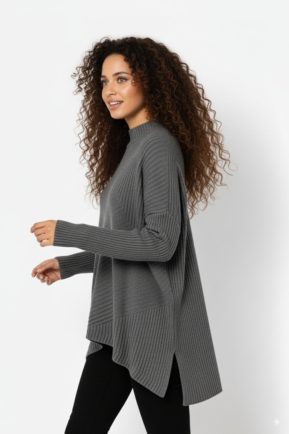 Gray Asymmetric Ribbed Knit Sweater Tunic - Jumpers