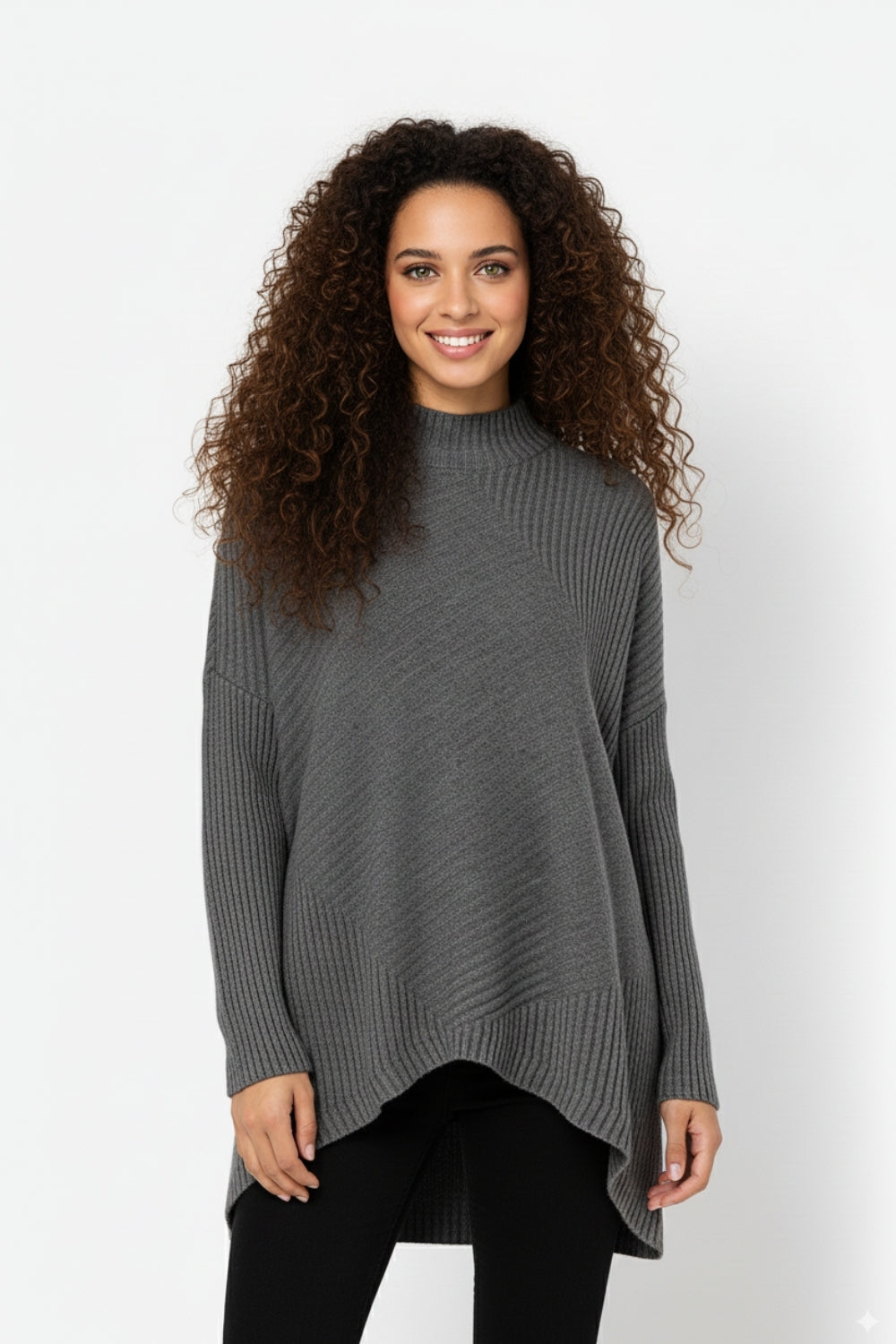 Gray Asymmetric Ribbed Knit Sweater Tunic - Jumpers