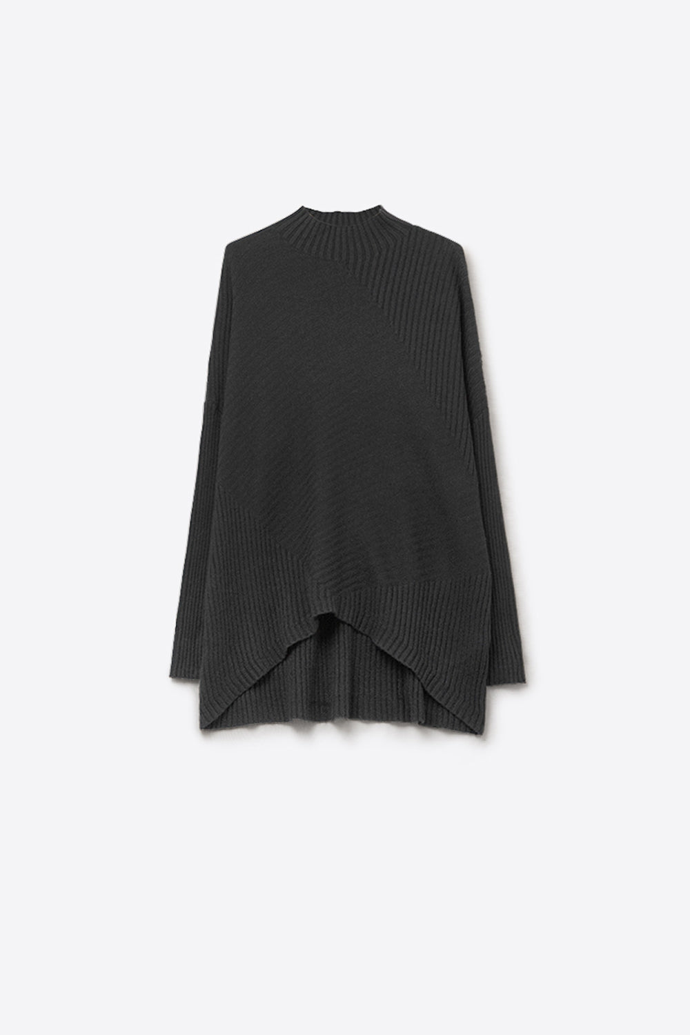 Black Asymmetric Ribbed Knit Sweater Tunic - Jumpers