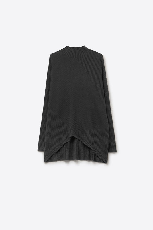 Black Asymmetric Ribbed Knit Sweater Tunic - Jumpers