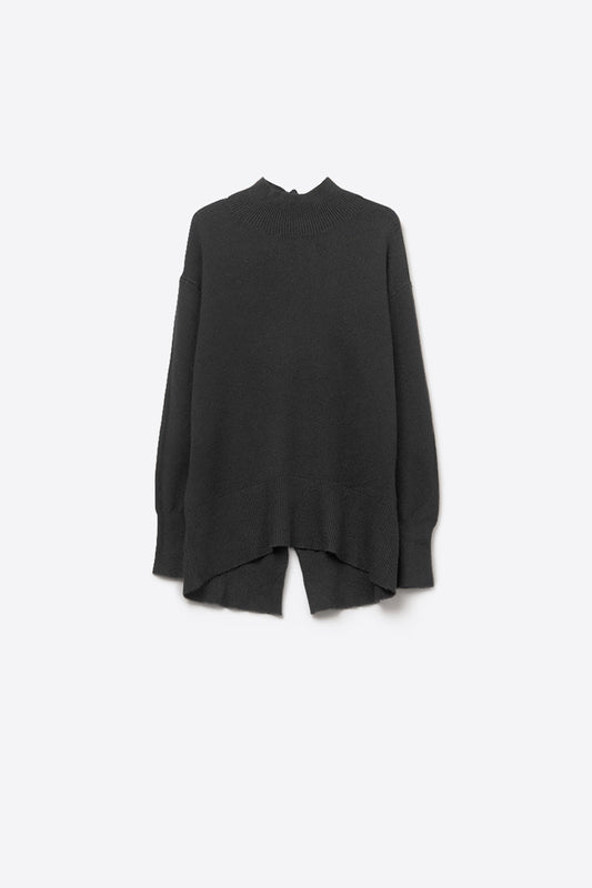 Loose black sweater with open back detail