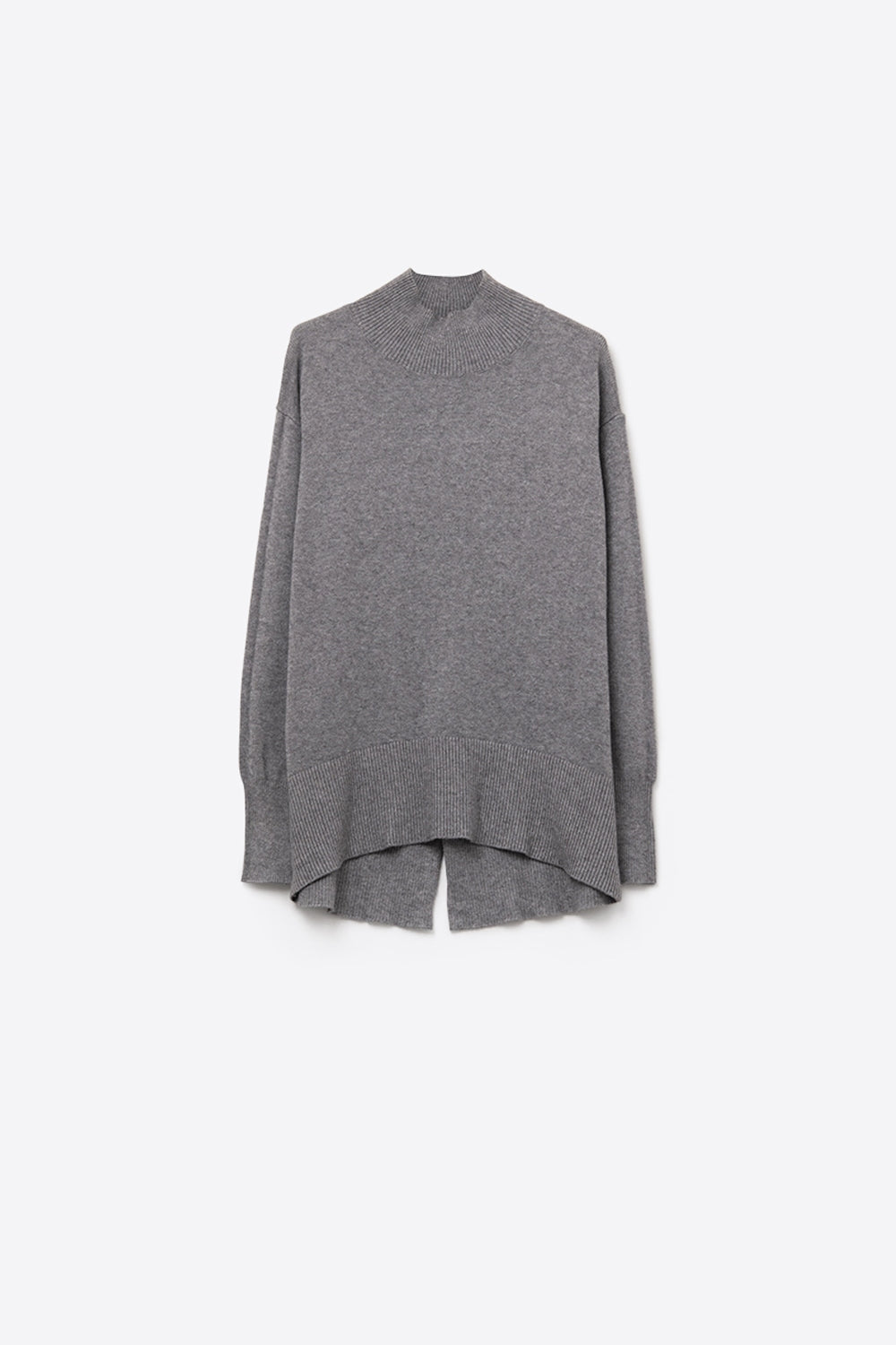 Loose gray sweater with open back detail