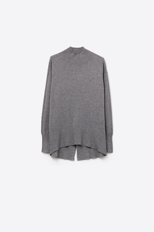 Loose gray sweater with open back detail