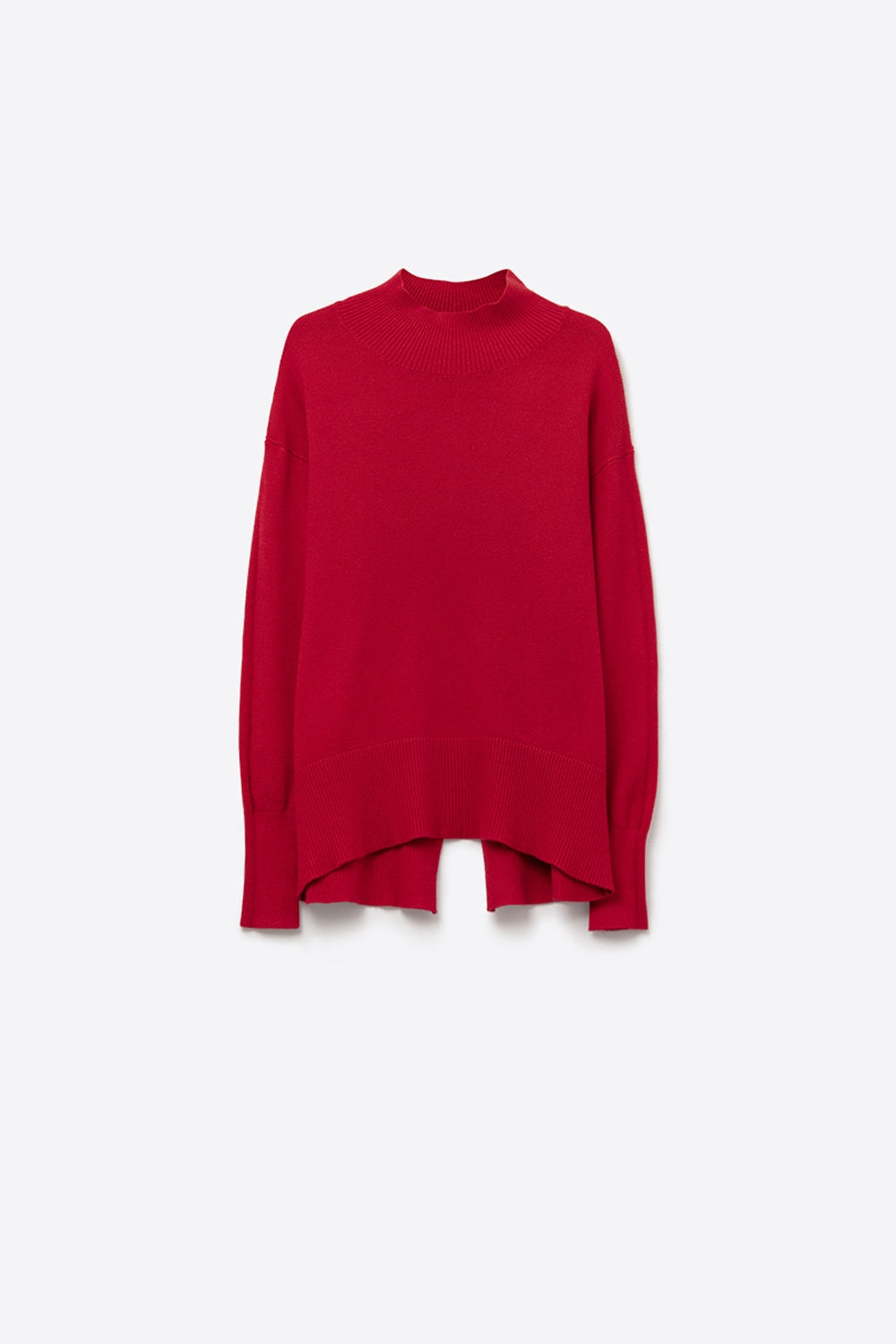Loose red sweater with open back detail