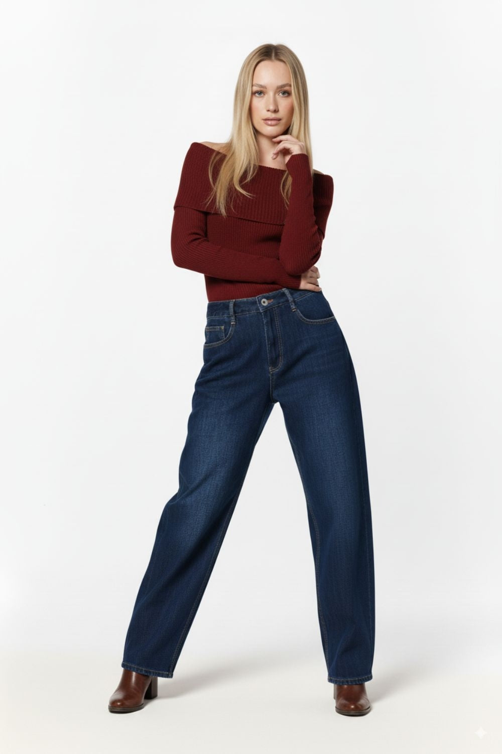 Wide Leg Jeans With Side Dart Detail in Deep Blue - Denim