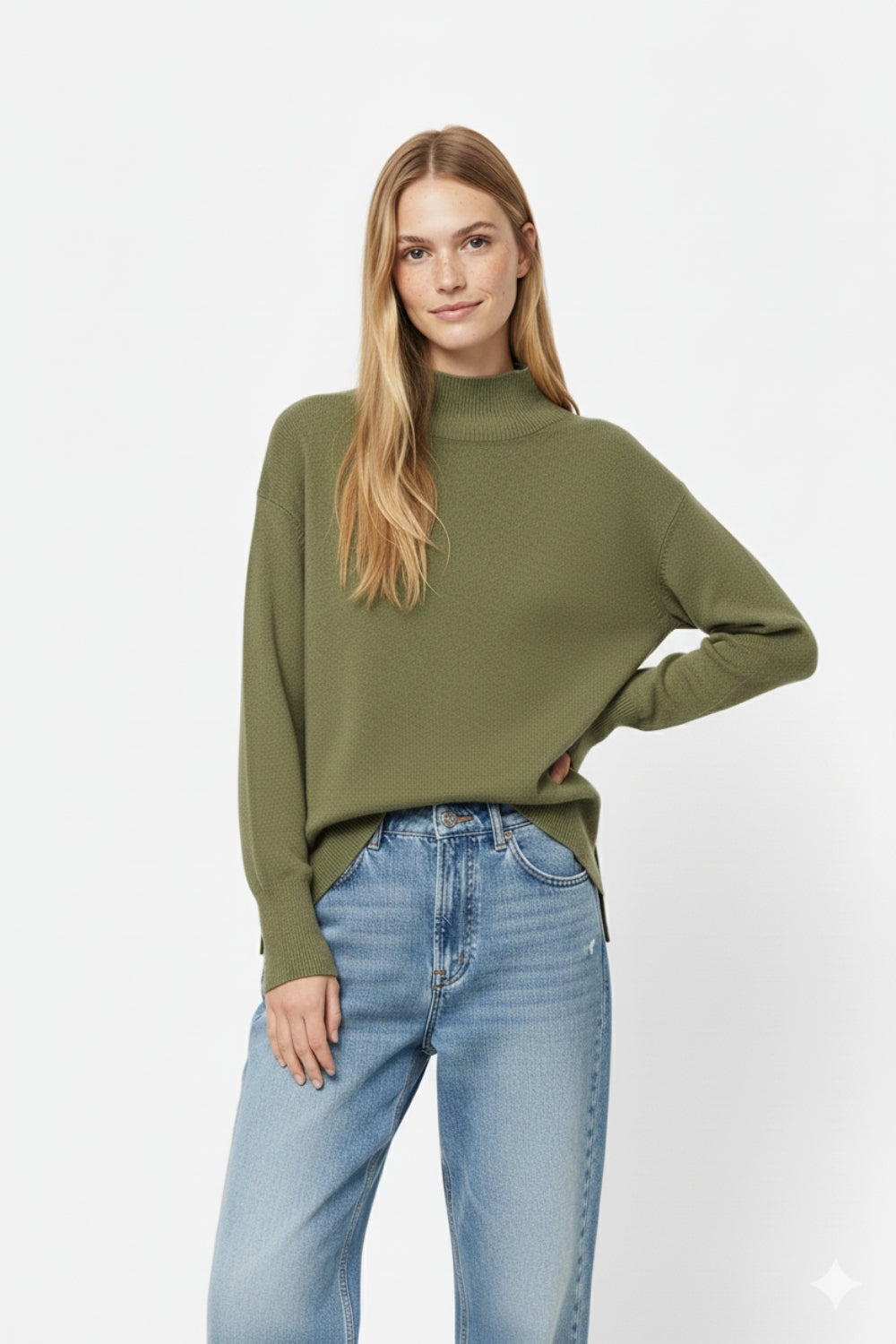 Loose military green sweater with open back detail