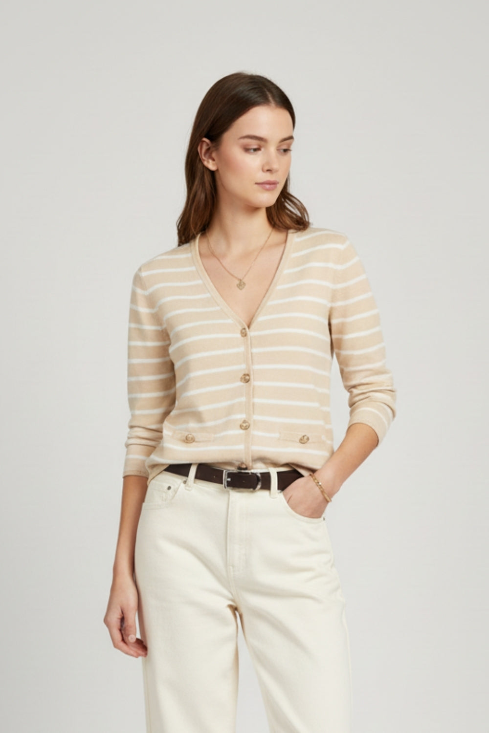 Beige Cardigan with White Stripes and Gold Buttons - Cardigans