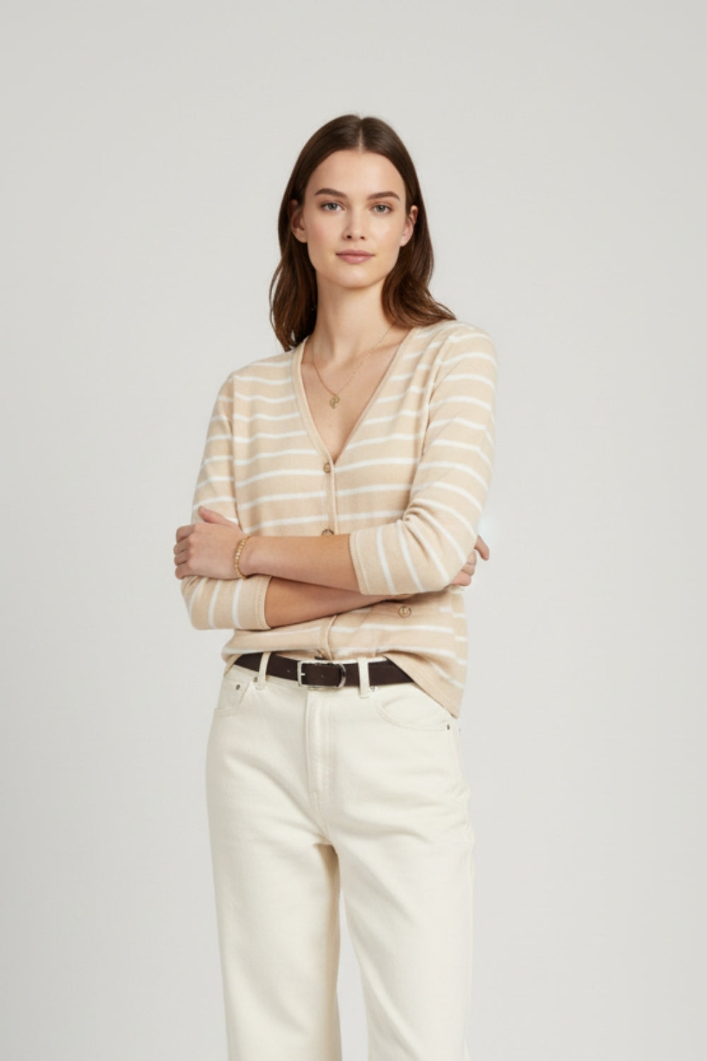 Beige Cardigan with White Stripes and Gold Buttons - Cardigans