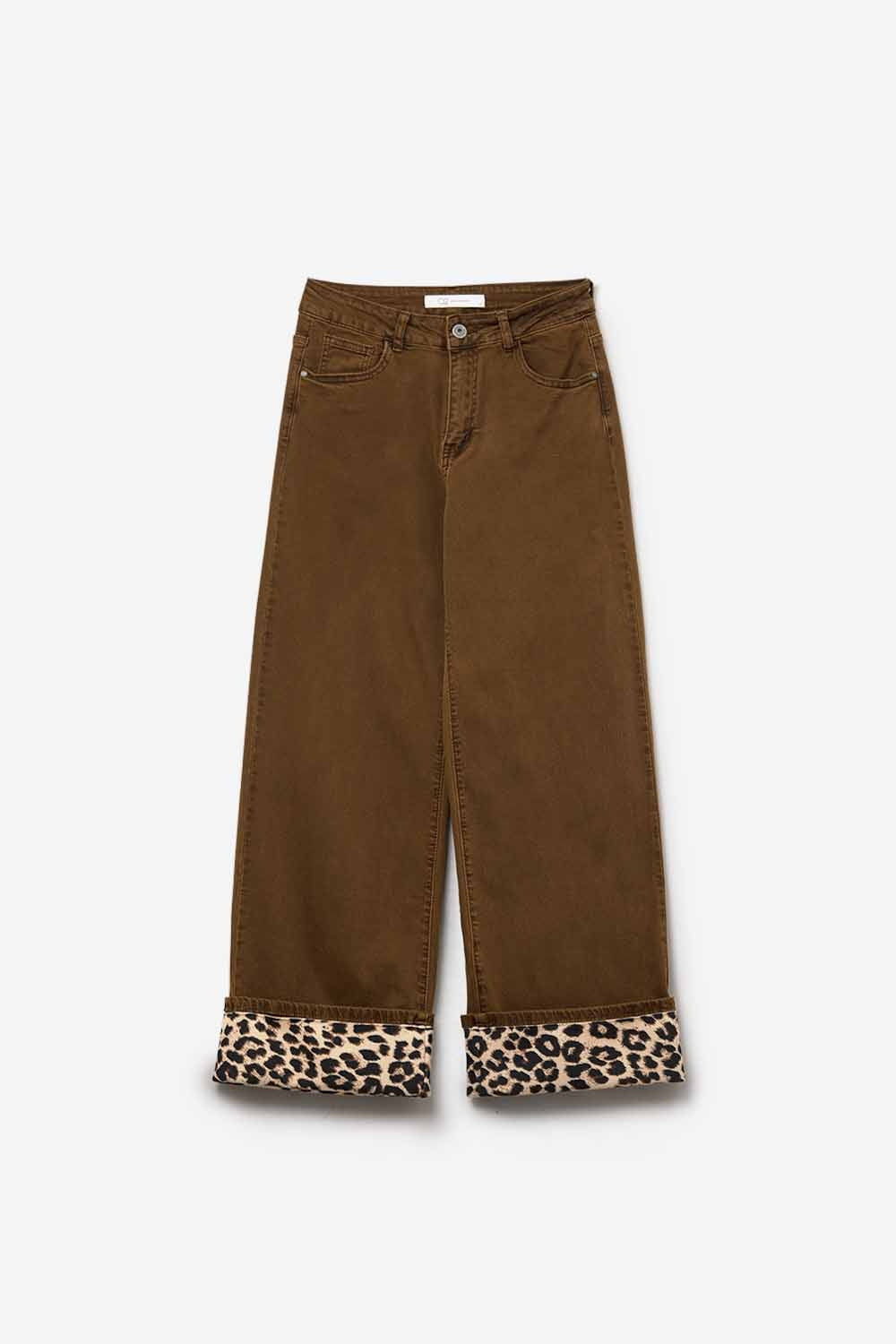 Wide leg camel pants with leopard print at the bottom - Coloured Jeans