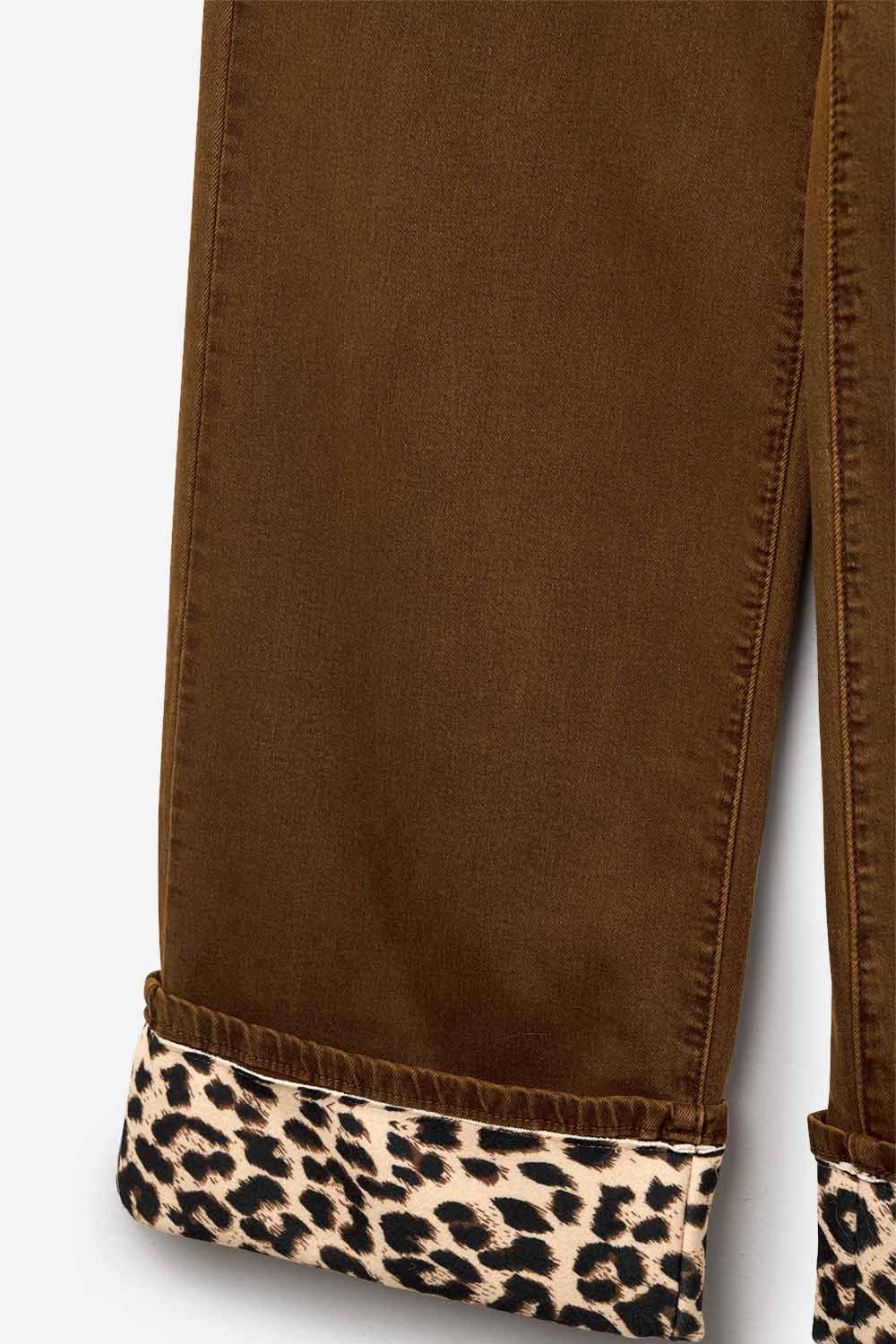 Wide leg camel pants with leopard print at the bottom - Coloured Jeans