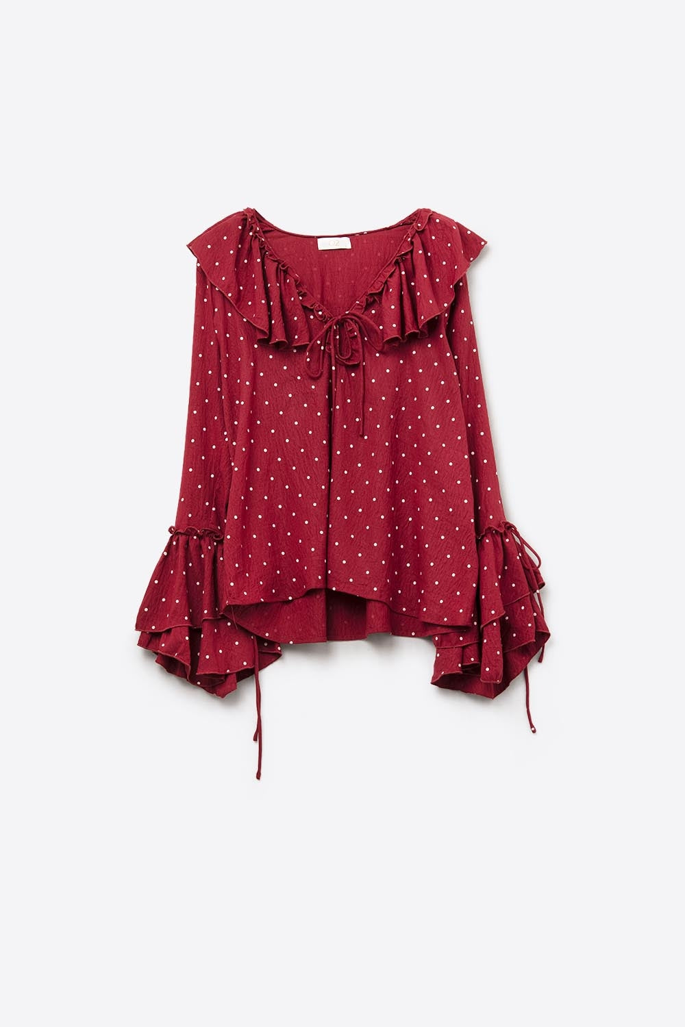 Red Ruffled Polka-Dot Blouse with Flared Sleeves - top