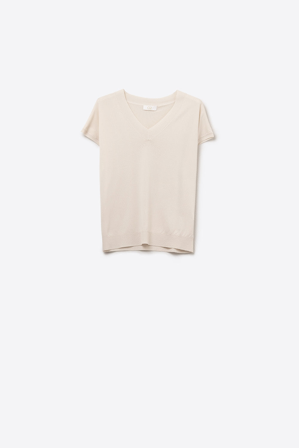 Beige lightweight knit V-neck sweater with short sleeves