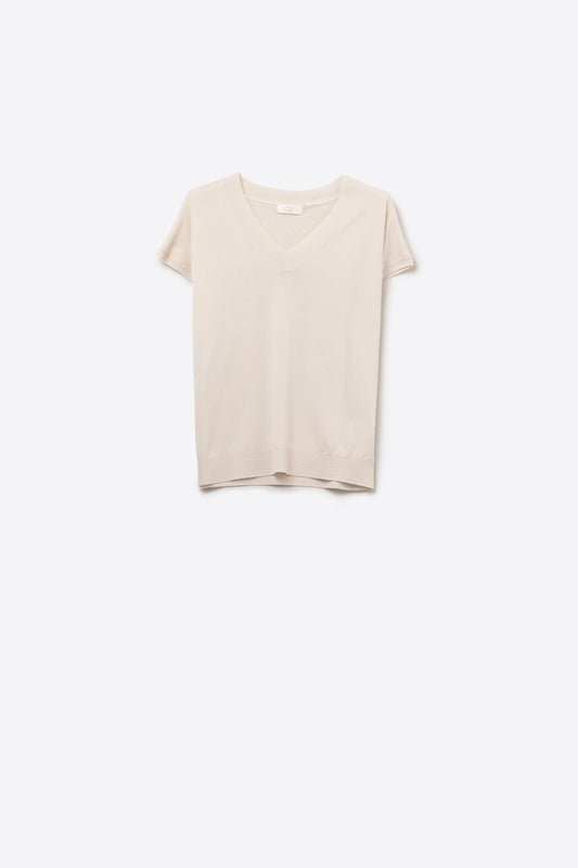 Beige lightweight knit V-neck sweater with short sleeves - Jumpers
