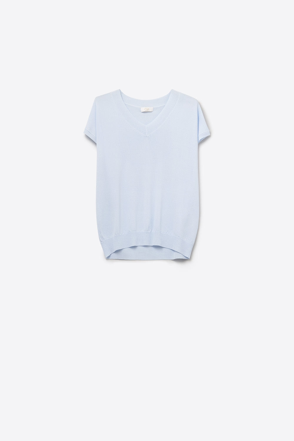 blue lightweight knit V-neck sweater with short sleeves