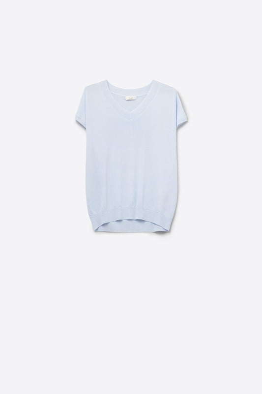 blue lightweight knit V-neck sweater with short sleeves