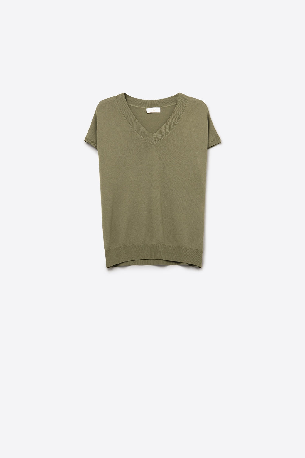 Khaki lightweight knit V-neck sweater with short sleeves - Jumpers