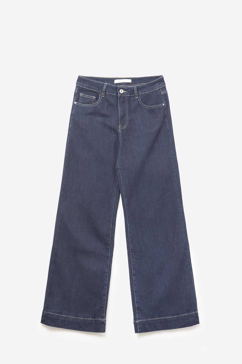 Wide-leg high-waisted jeans in dark denim with contrast stitching - Denim