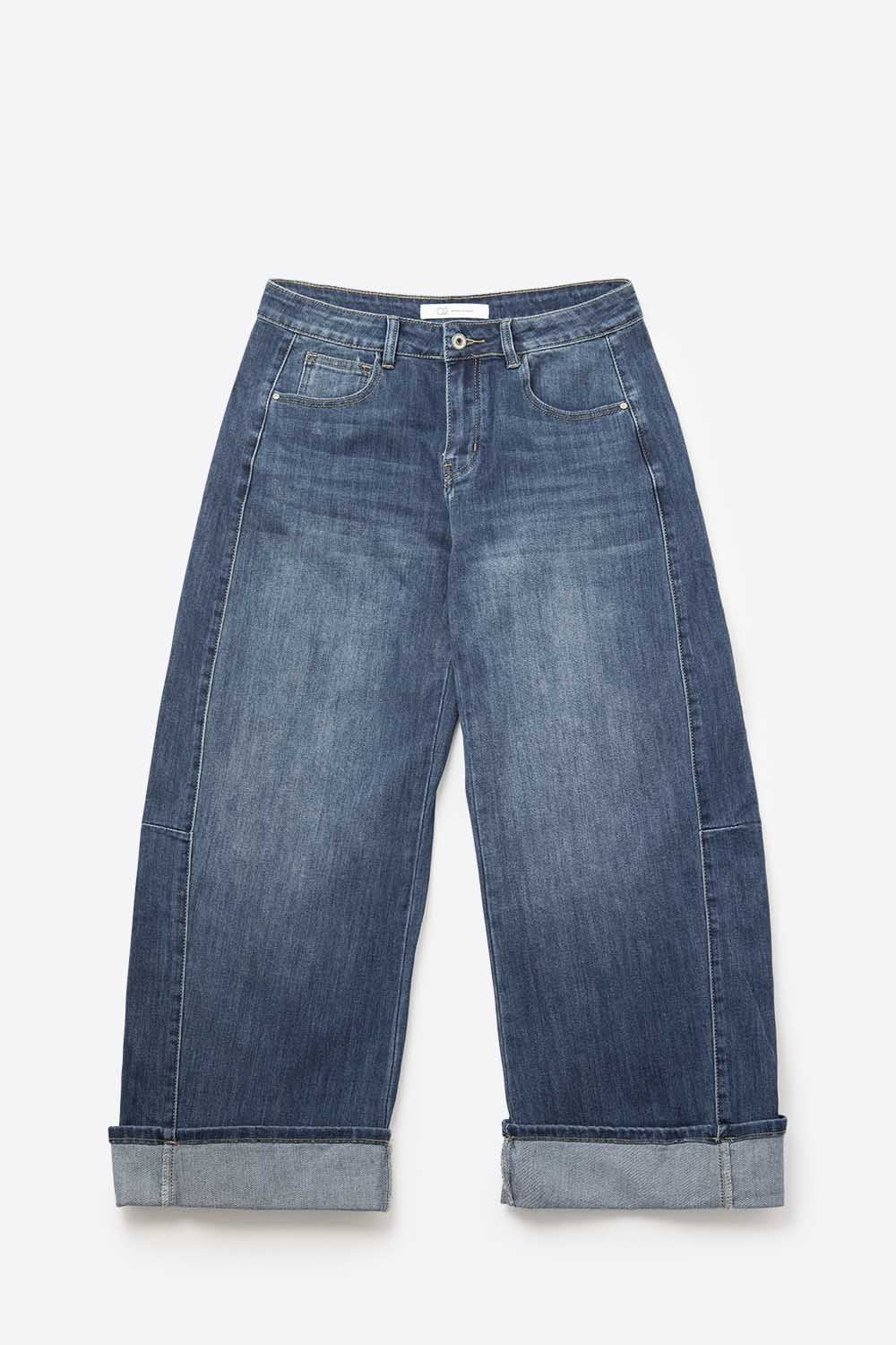 Barrel Style Denim Jeans in Medium Wash with Cuffed Hem - Denim