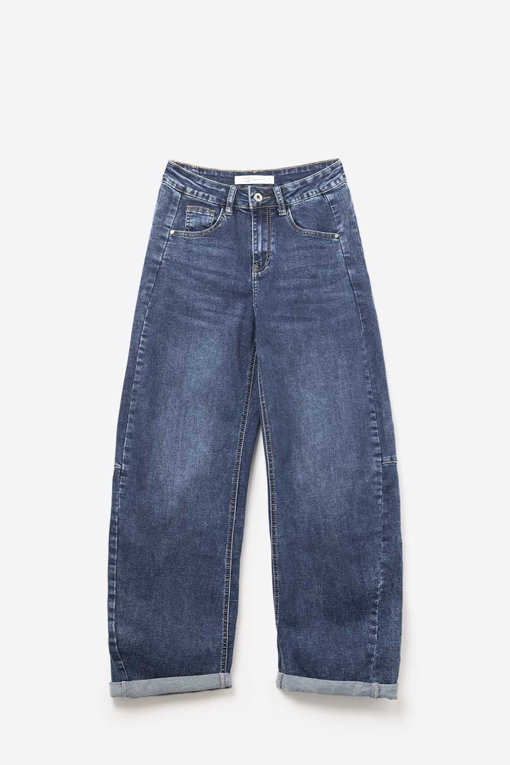 Dark Blue Wide-Leg Denim Jeans with Cuffed Hem and side seams - Denim