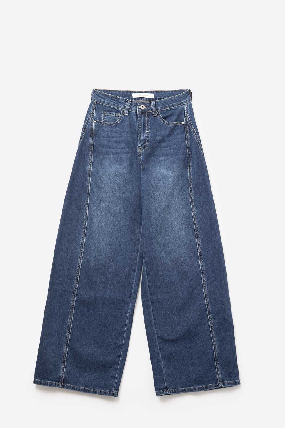 Classic Blue Denim Wide-Leg Jeans with Seam - Denim