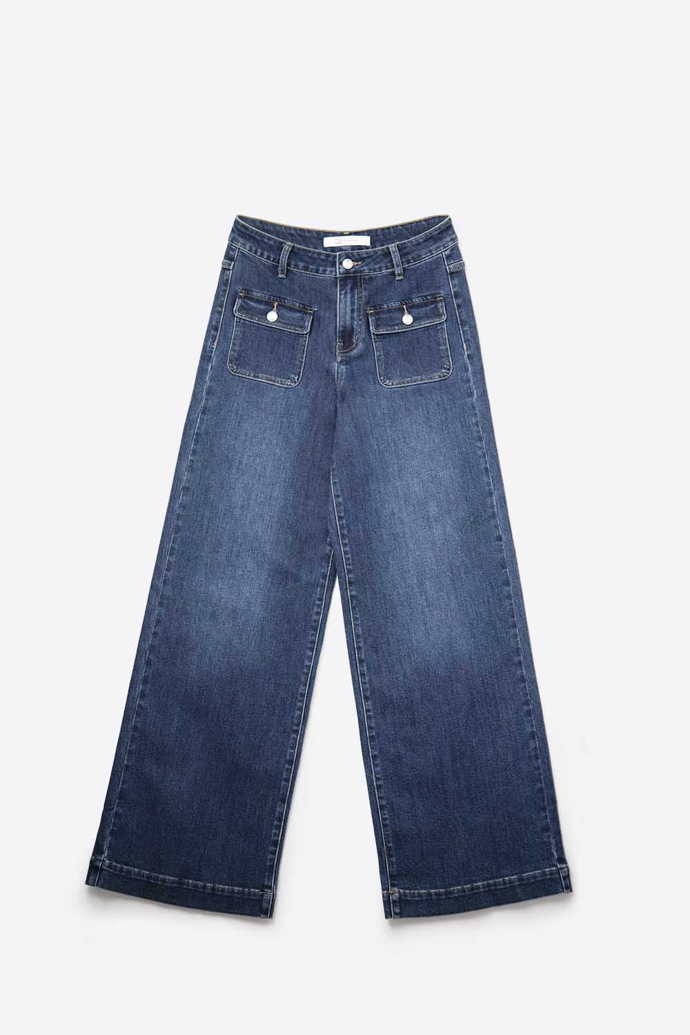 dark wash Blue Wide-Leg Denim Jeans with Button Detail - Denim