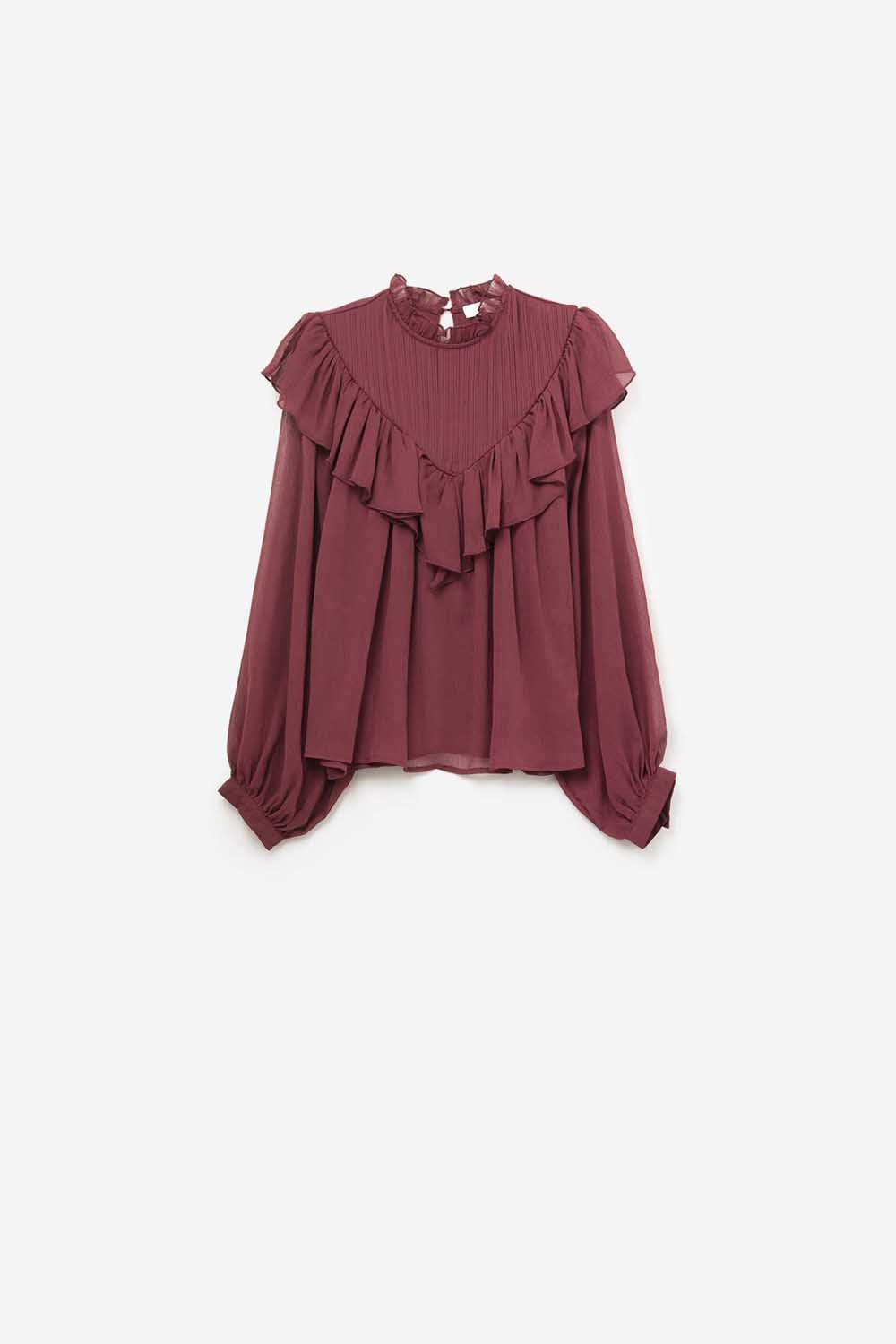 Romantic Burgundy Ruffled Long-Sleeve Blouse - Shirts